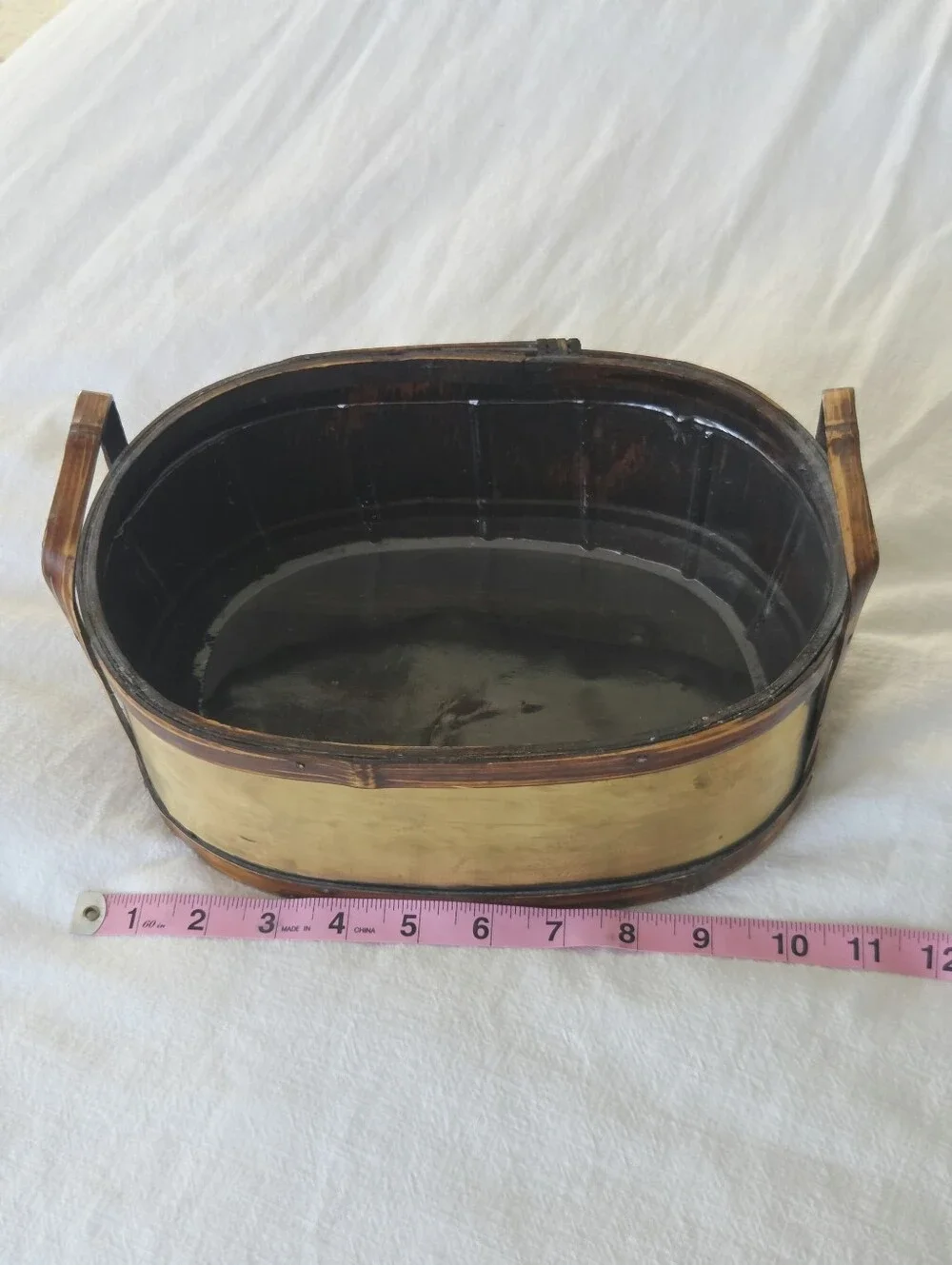 Oval Bamboo & Brass Planter with Handles And Plastic Liner